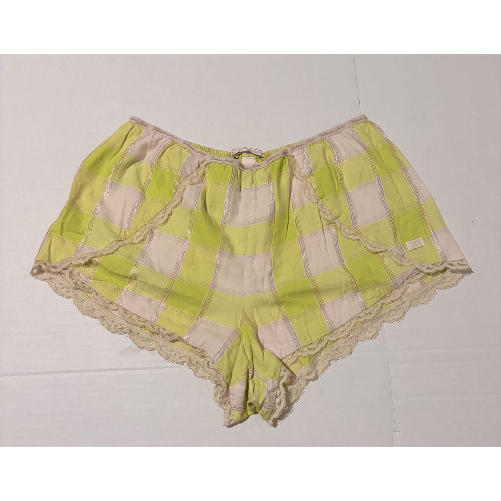 Victoria'a Secret Women Green Plaid Sleep Shorts Size L EUC Lace Trim Pink Y2K